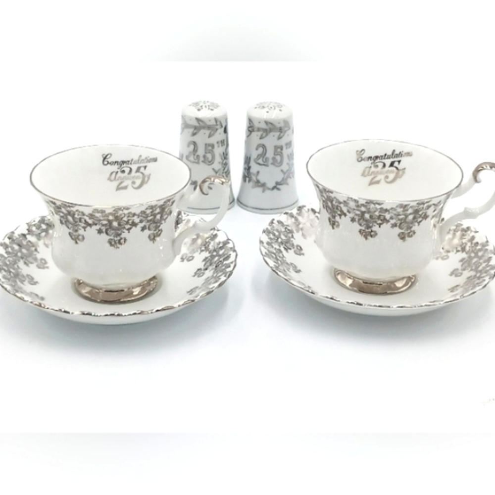Prince Albert,  Anniversary Tea Cups with Saucers & Salt & Pepper Shakers
